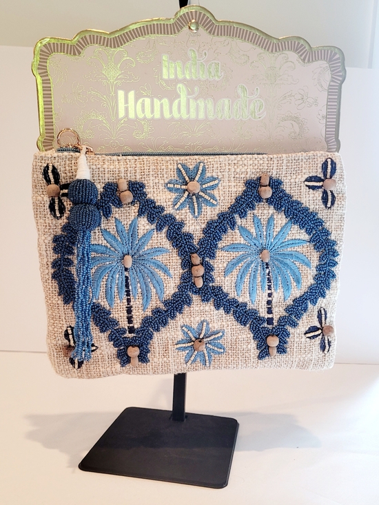Handbags - India Handmade Beaded Palm Clutch Bag in Blue and Cream